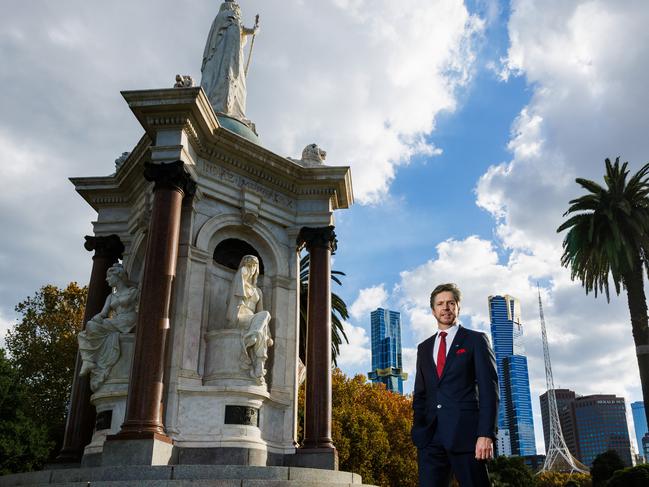 1/05/2024 Lord mayor of Melbourne Nick Reece at the Queen Victoria statue in Queen Victoria Gardens. He is pushing to get a statue for the suffragette Vida Goldstein.Aaron Francis / The Australian