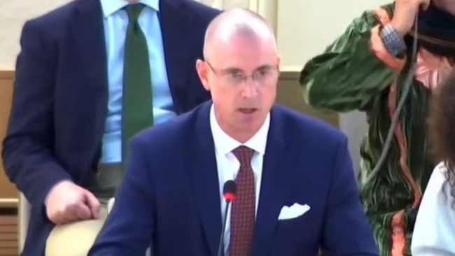Canadian internet personality and anti-trans protester Chris Elston, better known on the internet at “Billboard Chris”, speaking at the United Nations in Geneva. Picture: Instagram