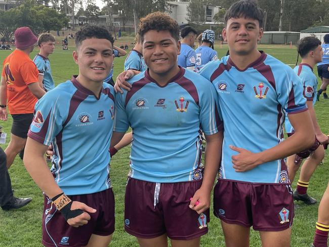 Keebra Park SHS fullback David Bryerton, left, with teammates.