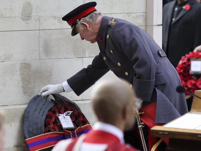 King Charles III lays a wreath during the National Service Of Remembrance at The Cenotaph in London, England. Picture: Getty Images