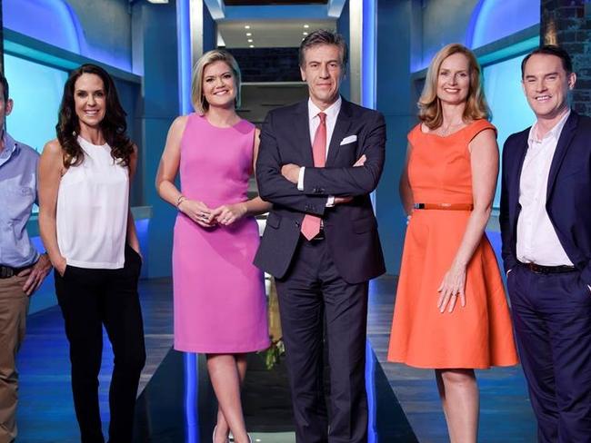 SHARK TANK L - R STEVE BAXTER, JANINE ALLIS, HOST SARAH HARRIS, ANDREW BANKS,NAOMI SIMSON, JOHN McGRATH