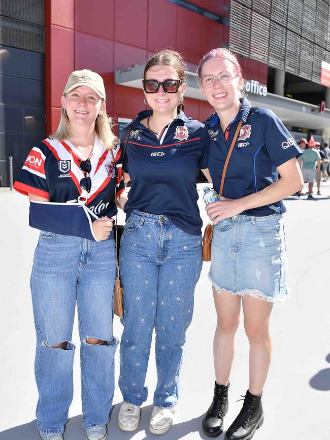 Erin, Molly, Brianna Vohland at Roosters V Dolphins, Suncorp Stadium. Picture: Patrick Woods.