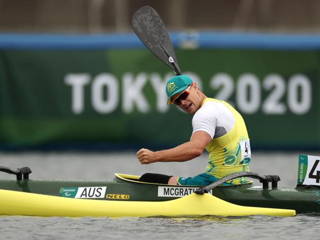 Curtis McGrath celebrates his Gold medal after he competes in the Canoe Sprint Men's Va'a Single 200m - VL3 Final at the Tokyo 2020 Paralympic Games. Picture: Getty Images