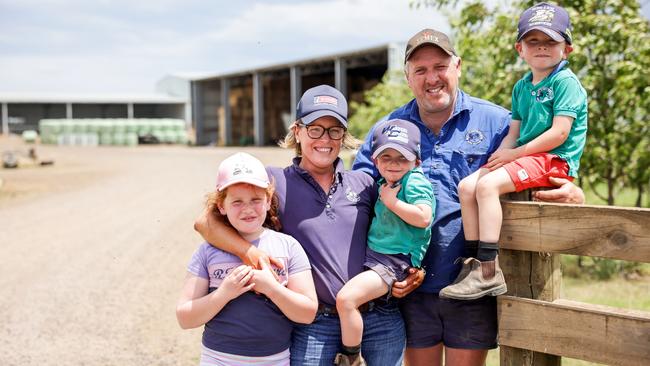 Irrewillipe dairy farmers Greg and Kim Wilson with their children Ella, 7, Henry, 4, and Lenny, 3. Pictures: Nicole Cleary