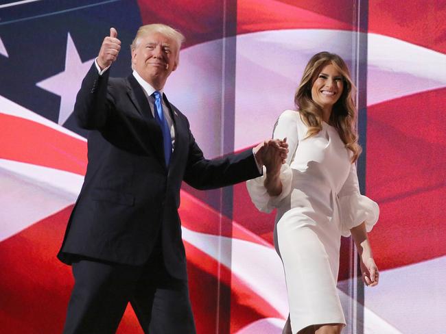 Donald Trump and Melania after her speech on the opening day of the Republican National Convention in Cleveland, Ohio – and boy what a speech! She faced allegations that a portion of her speech plagiarised Michelle Obama. But hey, she’s Melania, life goes on. Picture: The Yomiuri Shimbun via AP