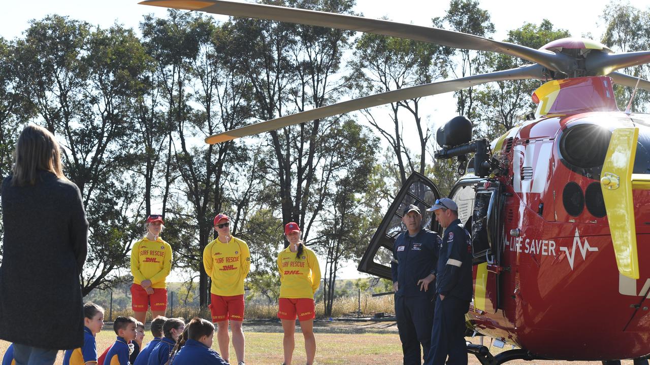 SLSQ Westpac helicopter staff talk with Mount Whitestone State School students for Beach to Bush 2020. PHOTO: ALI KUCHEL