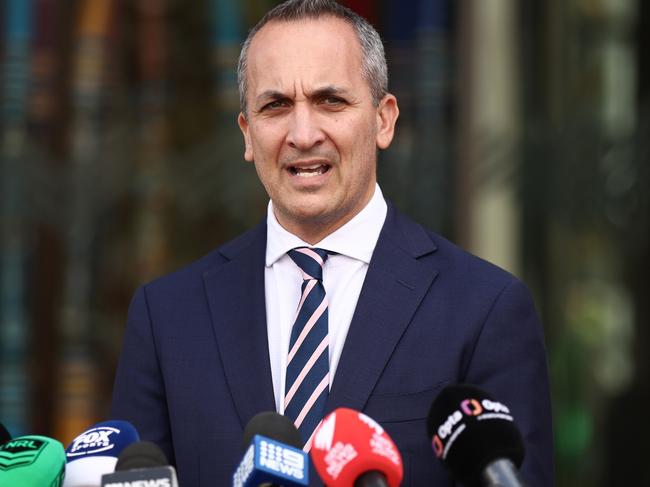 SYDNEY, AUSTRALIA - MARCH 10:  NRL CEO Andrew Abdo speaks to the media during a press conference at Rugby League Central on March 10, 2023 in Sydney, Australia. (Photo by Matt King/Getty Images)