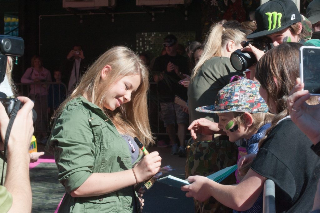 Bindi Irwin greets fans at her 14th birthday celebrations at Australia Zoo. Picture: Warren Lynam