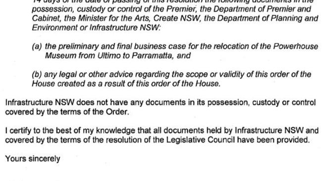 Infrastructure NSW’s letter confirming they have no documents relating to the museum’s business case.