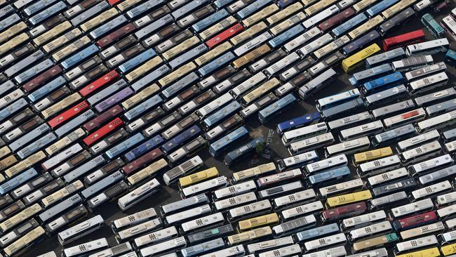 An aerial view of buses parked after dropping Muslim pilgrims off near Mount Arafat, at the climax of the Hajj pilgrimage, in 2017. The annual Hajj is a lucrative income source for the Saudis. Picture: AFP