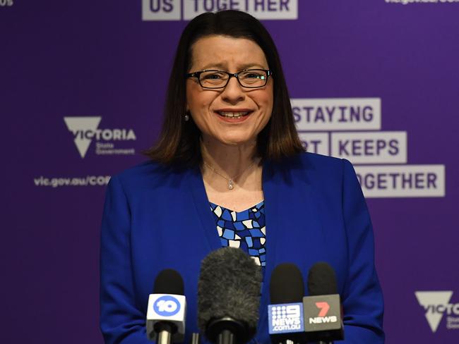Victorian Health Minister Jenny Mikakos addresses the media during a press conference in Melbourne, Monday, May 4, 2020. Victorian Premier Daniel Andrews has announced Victoria has recorded 22 new cases of COVID-19, with 19 connected to an outbreak at a meat works. (AAP Image/James Ross) NO ARCHIVING