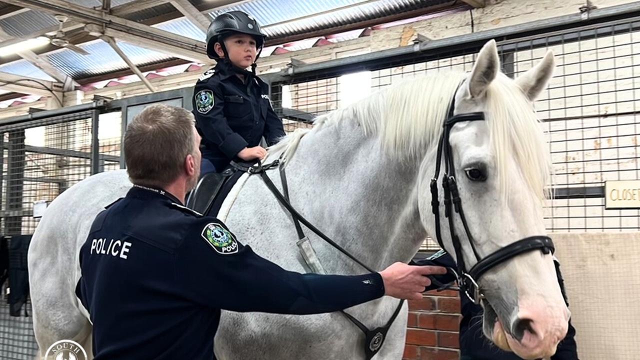 Sergeant Sammy riding Police Horse General at SAPOL’s Mounted Operations Unit. Picture: SAPOL