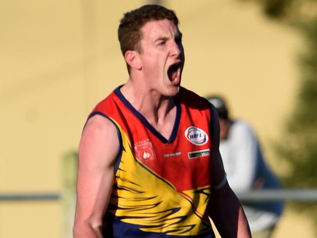 WRFL footy: North Footscray V Yarraville-Seddon. Yarraville no 47 Gareth Newton celebrates a goal. Picture: Kylie Else