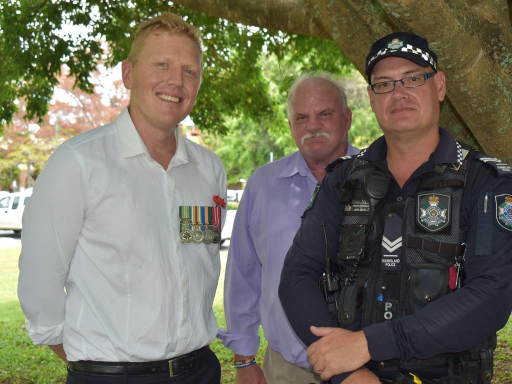 Peter Gaden, Bill Rasmussen and Senior Constable Karl Verri at the 2021 Remembrance Day Ceremony in Jubilee Park. Picture: Lillian Watkins