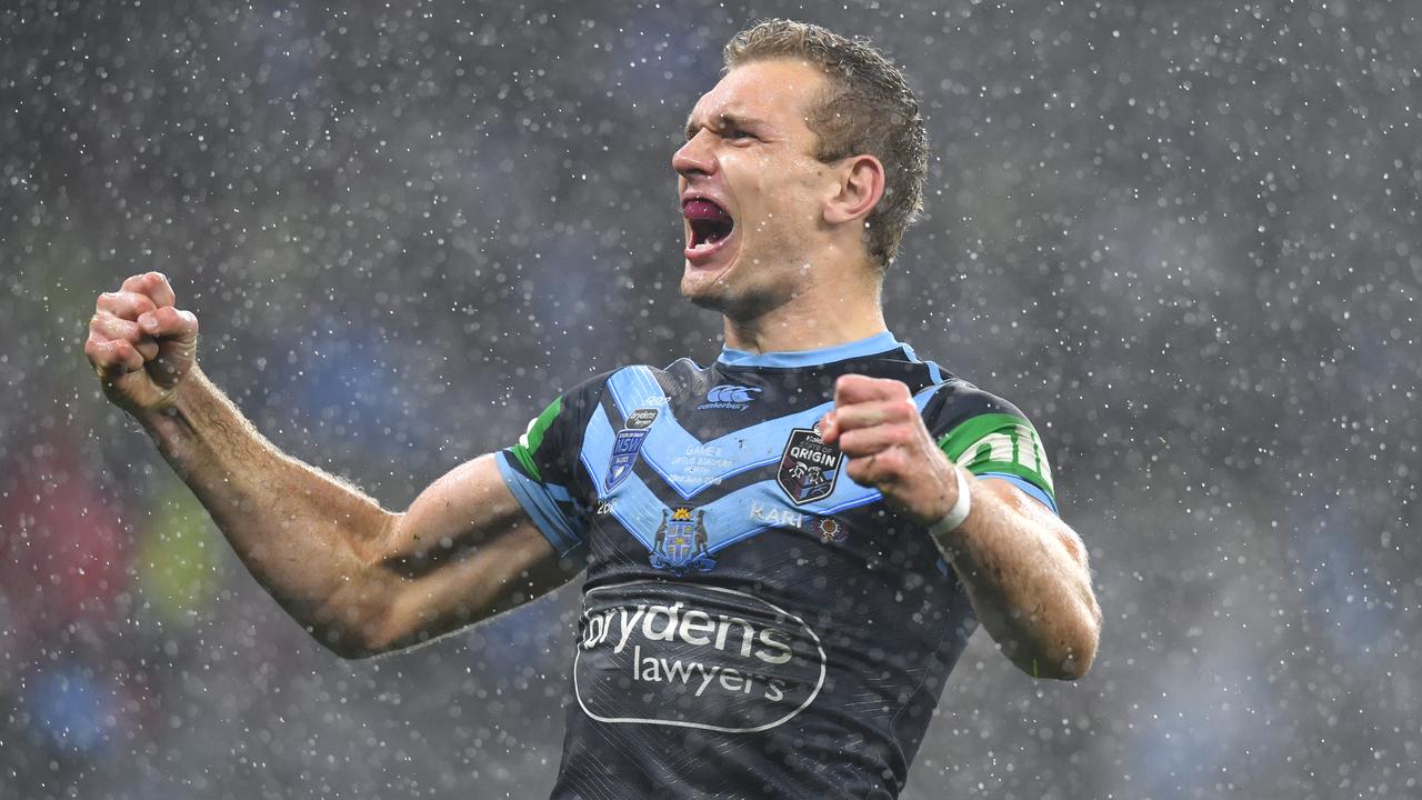 Tom Trbojevic celebrates a try for the Blues during Game 2 of the 2019 Origin series in Perth. Picture: AAP Image/Darren England