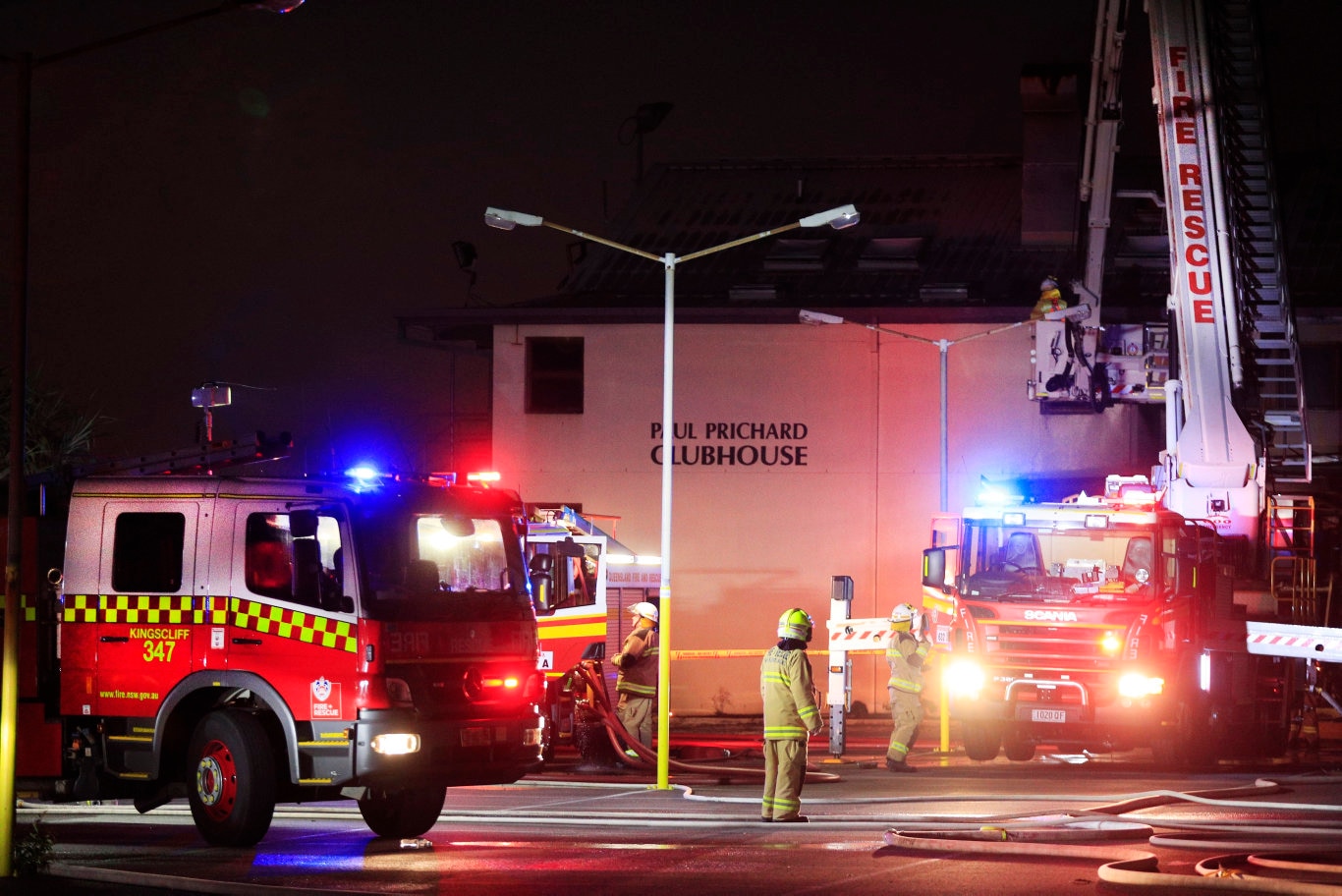 Flames burst from the roof of the Cudgen Leagues club as Queensland Fire Brigade Officers assist local Kingscliff and Tweed Units to fight the fire .Photo Scott Powick Newscorp