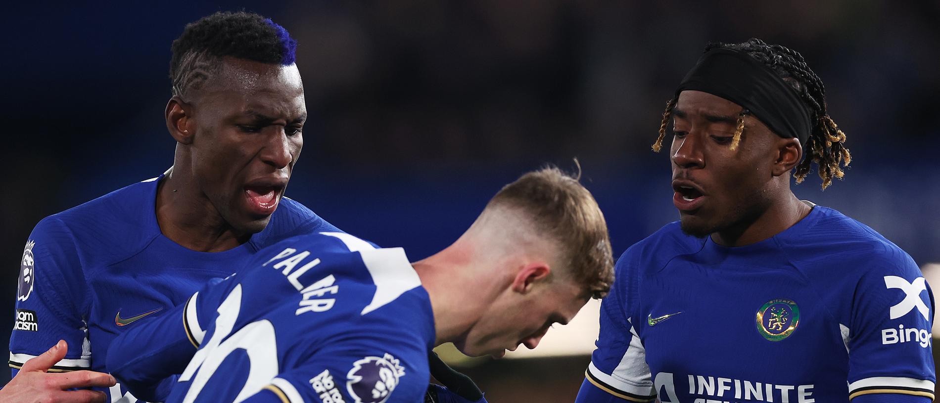 Cole Palmer and Nicolas Jackson clashed ahead of a penalty in Chelsea's clash against Everton. (Photo by Alex Pantling/Getty Images)