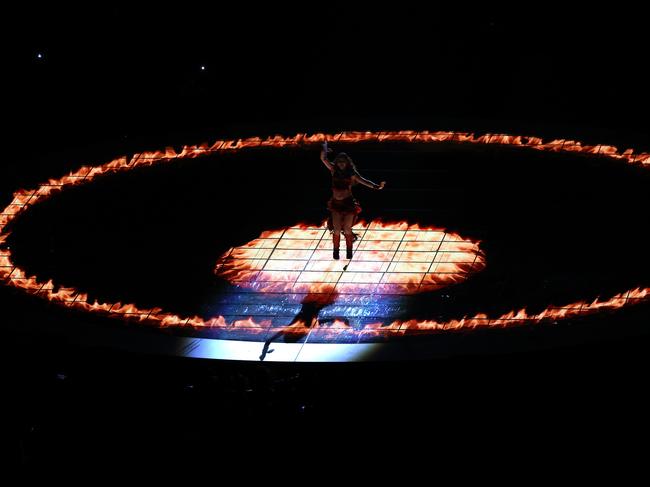 Shakira opened the halftime show performing on virtual flames. Picture: Getty Images