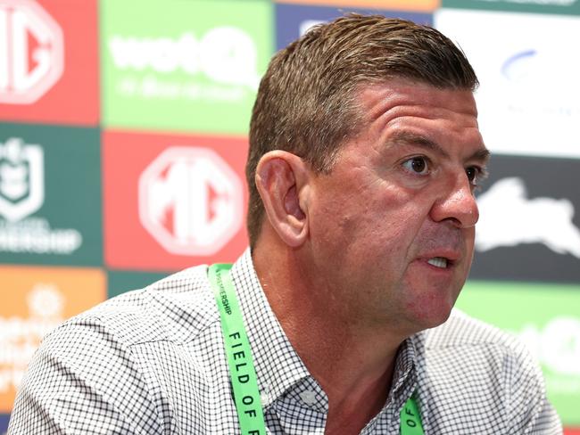 SYDNEY, AUSTRALIA - APRIL 13: Rabbitohs coach, Jason Demetriou speaks to the media following the round six NRL match between South Sydney Rabbitohs and Cronulla Sharks at Accor Stadium, on April 13, 2024, in Sydney, Australia. (Photo by Brendon Thorne/Getty Images)