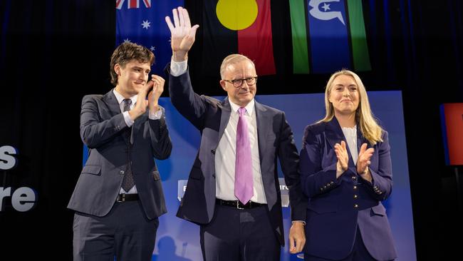 Anthony Albanese with son Nathan Albanese and Jodie Haydon. Picture: Jason Edwards / NewsWire