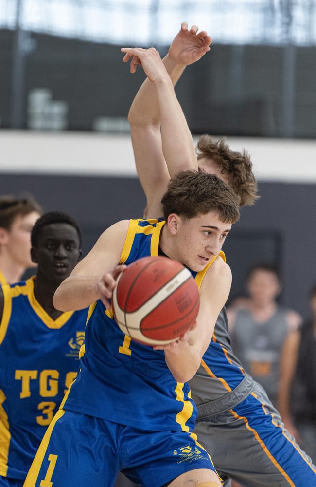 Tyler Saal gets possession for Toowoomba Grammar School 1st V against Churchie 1st V in Round 4 GPS basketball at Toowoomba Grammar School, Saturday, August 3, 2024. Picture: Kevin Farmer