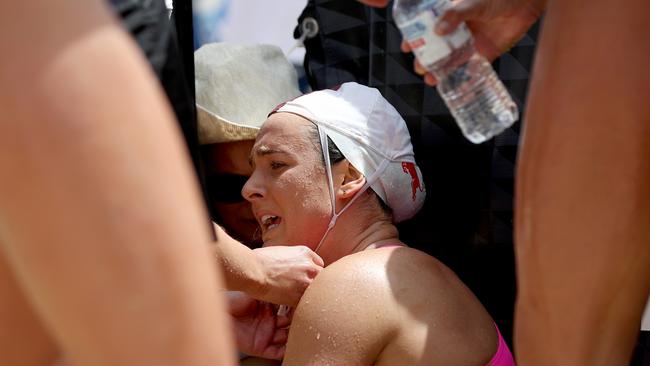 Jordan Mercer collapses after hitting a pothole during the Nutri-Grain ironwoman racing at Coolum. Pic: Shane Myers.