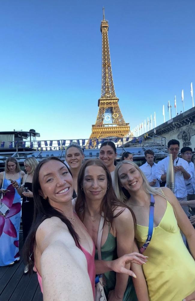 Lani Pallister, Mollie O'Callaghan and Jamie Perkins on the boat