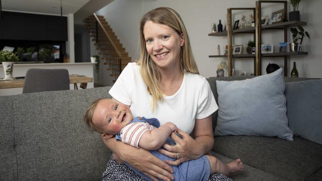 Hayley Devereux, with baby Jac, has already found the search for childcare in Melbourne challenging. Picture: Arsineh Houspian