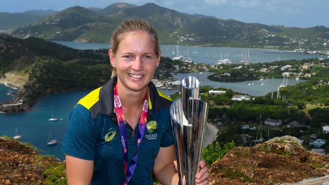 Meg Lanning with the T20 World Cup after their victory in the West Indies last year. Picture: Randy Brooks/AFP