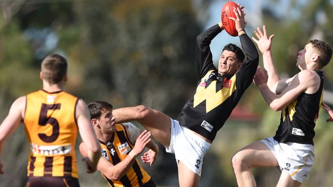 Robin Nahas takes a spectacular mark in the forward pocket for Werribee. Picture: Lawrence Pinder