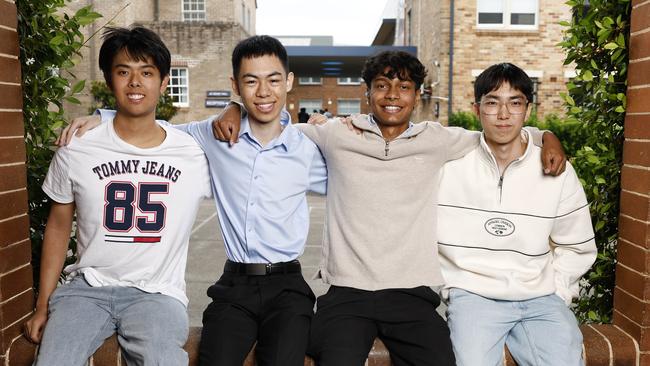 Pictured at North Sydney Boys High School are 2024 graduated students Lloyd Yang , Bowen Wu, Tharun Bandara and Ethan Du who all achieved an ATAR of 99.95. Picture: Richard Dobson