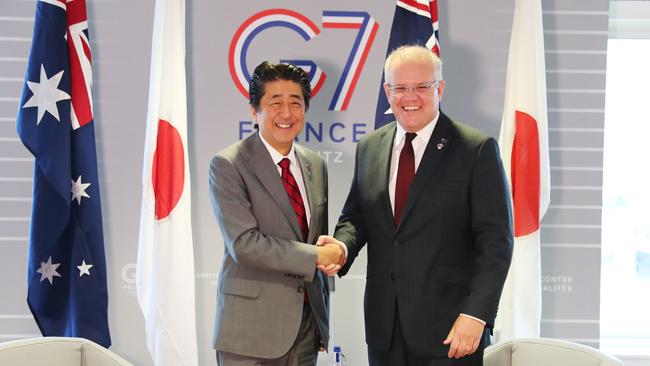 Shinzo Abe, left, and Scott Morrison at the G7 Summit in Biarritz, France, in August last year. Picture: Adam Taylor