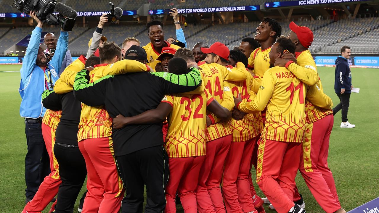 Zimbabwean players celebrate their last-ball win over Pakistan.