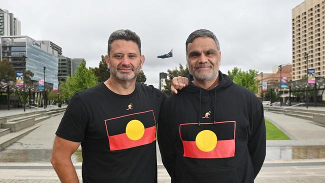 Aboriginal Affairs Minister Kyam Maher and Commissioner for first nations Voice Dale Agius at Victoria Square. Picture: Keryn Stevens