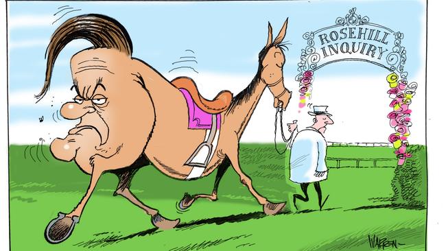 Today’s Telegraph cartoon by Warren Brown showing Mark Latham ahead of the Rosehill inquiry today. Picture: Warren Brown