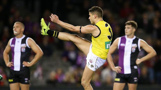 Richmond's Dion Prestia has a shot for goal in the big win against St Kilda. Picture: Michael Klein