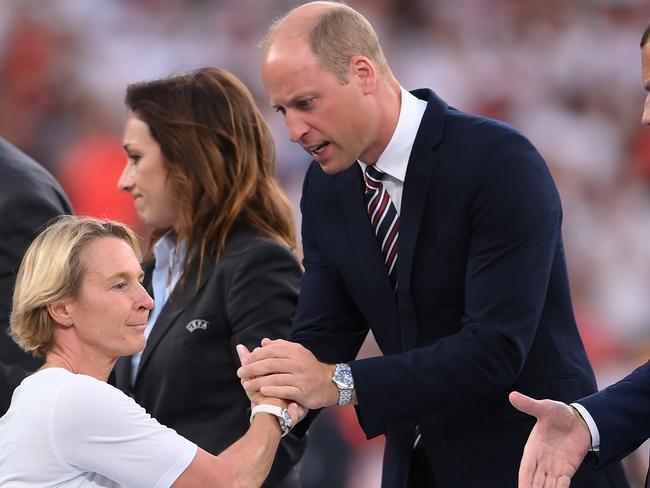 Martina Voss-Tecklenburg, Head Coach of Germany, shakes hands with Prince William, Duke of Cambridge, following the UEFA Women's Euro 2022 final. Picture: Mike Hewitt/Getty Images