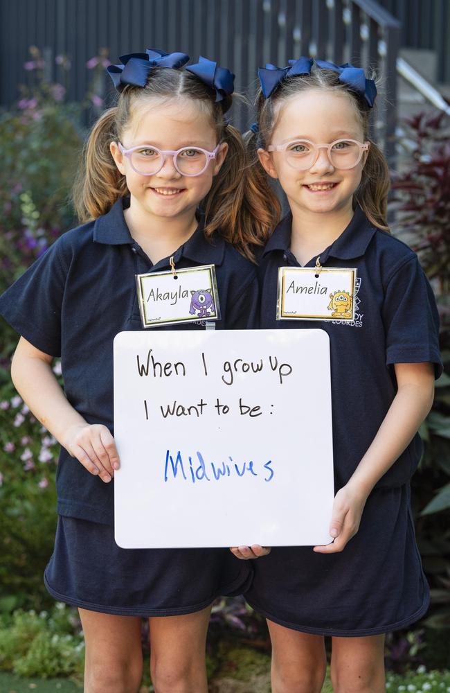 Our Lady of Lourdes prep students twins Akayla (left) and Amelia on their first day of school, Wednesday, January 29, 2025. Picture: Kevin Farmer