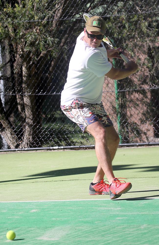 Karl Stefanovic playing tennis in North Sydney yesterday as he trims down for new girlfriend Jasmine Yarbrough. Picture: INSTARimages.com