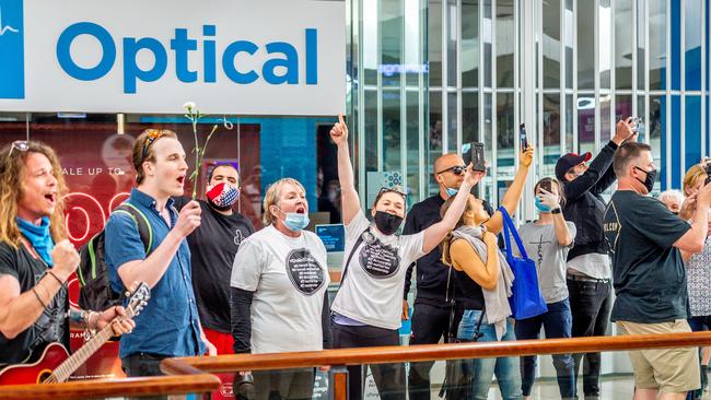 Anti lockdown protesters stage a flash rally at Chadstone Shopping Centre. Picture: Jake Nowakowski