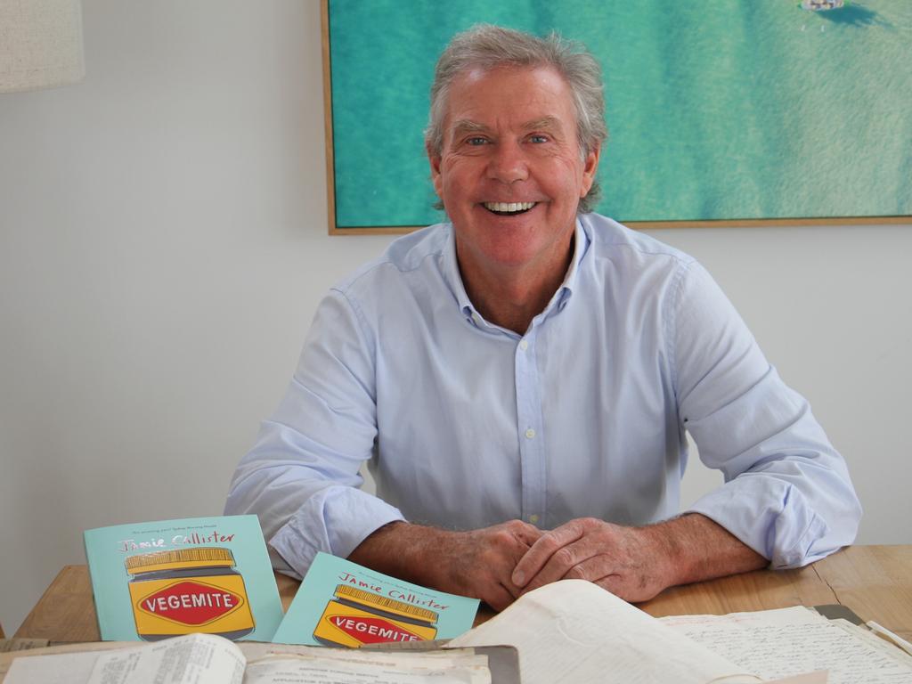 Jamie Callister, grandson of Vegemite creator Cyril Callister, with his book about the product and some old letters from the family album. Picture: supplied