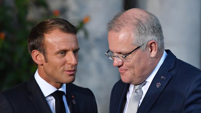 France's President Emmanuel Macron and Australia's Prime Minister Scott Morrison during the G7 Summit in the town of Biarritz, 800km south of Paris in France, in 2019. Picture: AAP