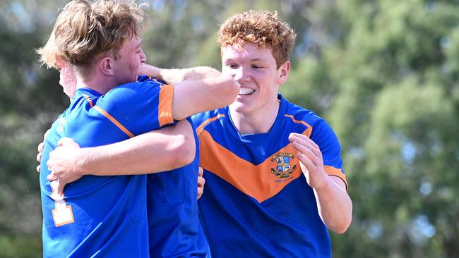 Ashgrove celebrate Tom Millard’s try. Picture, John Gass