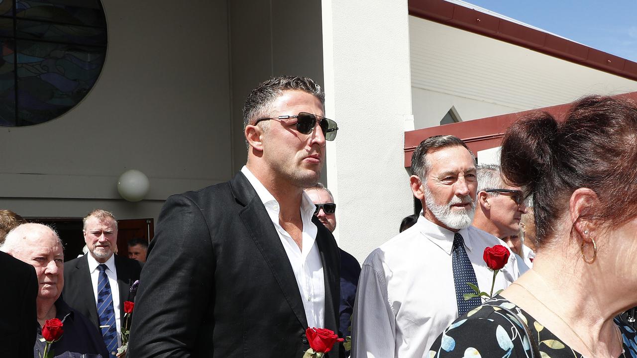 Sam Burgess wore sunglasses as he departed the church. Picture: NCA NewsWire/Tertius Pickard