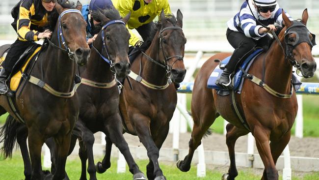 Victorian jockeys have long been in negotiations over a fee for riding in jumpouts at the state’s biggest training centres. Picture: Getty Images.