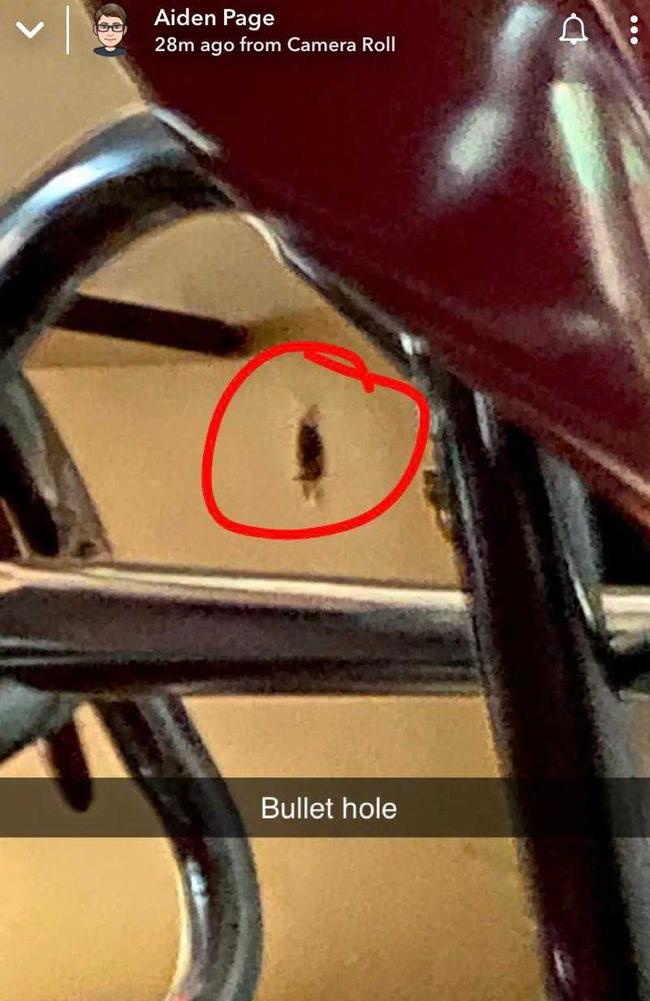 A bullet hole is seen in a door. Picture: Ayden Sanders