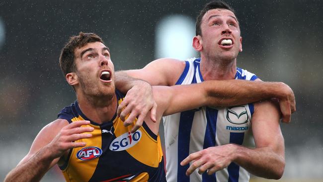 Scott Lycett in action against Todd Goldstein. Picture: Getty Images