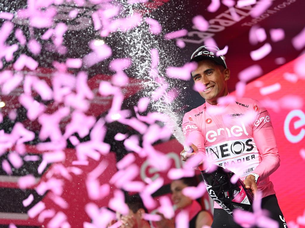 Jonathan Narvaez from Ecuador and Team INEOS Grenadiers celebrates on the podium as the Pink Leader Jersey winner during the 107th Giro d’Italia in 2024. Picture: Dario Belingheri/Getty Images