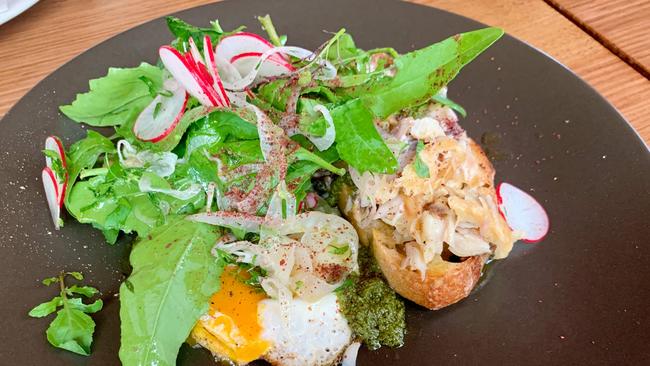 Salted mulloway, fried eggs, radish, greens, mojo verde at Comida, Hahndorf