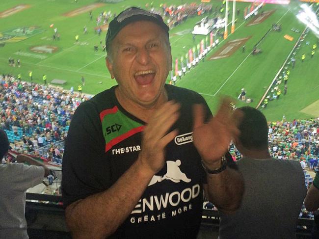 Madeleine and Stephanie Brooks lost their dad Rocky to a heart attack nine months ago. Here he is at the Rabbitohs 2014 Grand Final in October 2014. Picture: Supplied